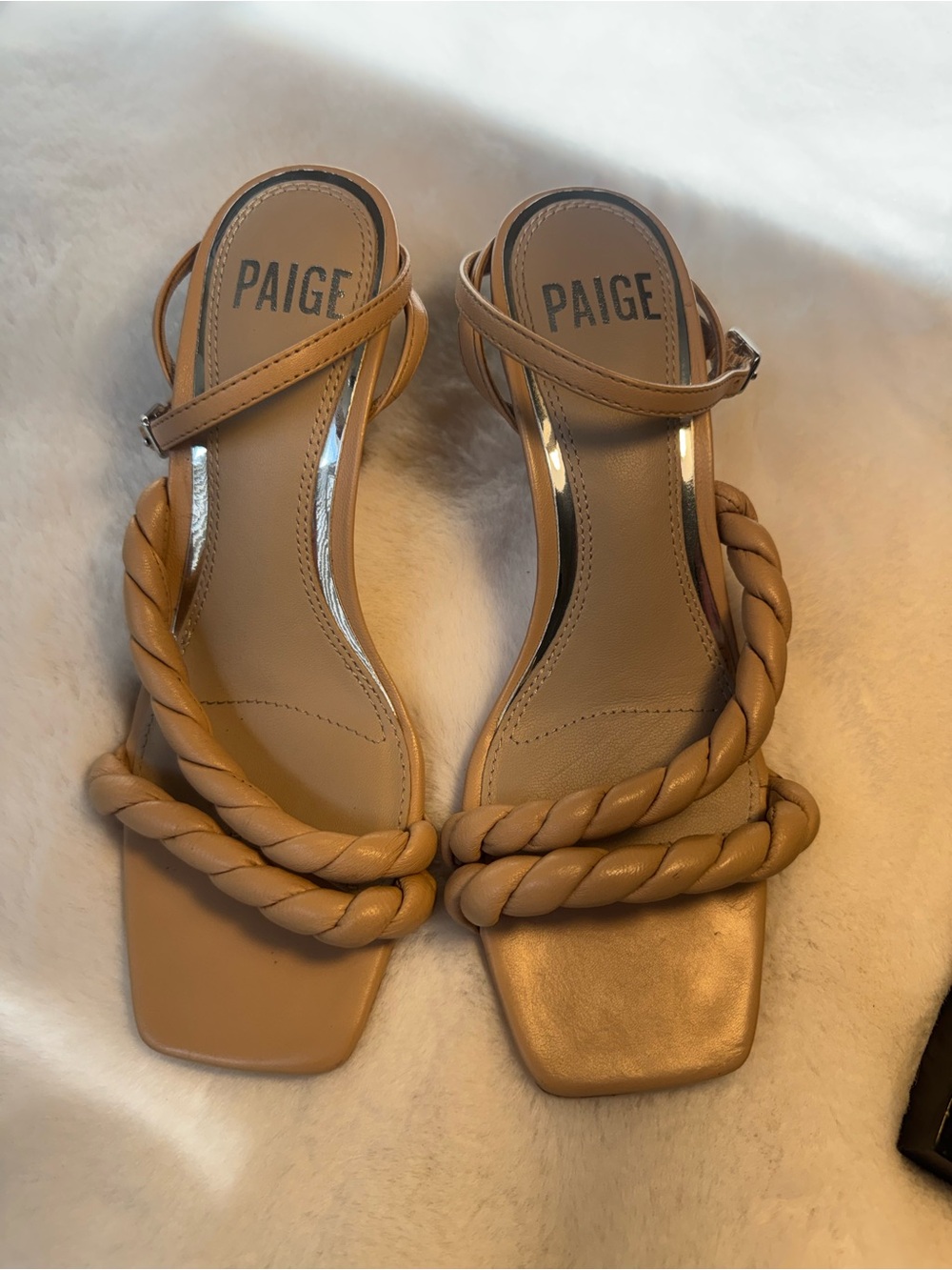 PAIGE Leslie Tan Braided-Strap Square-Toe Sandals with Ankle Straps Size 5